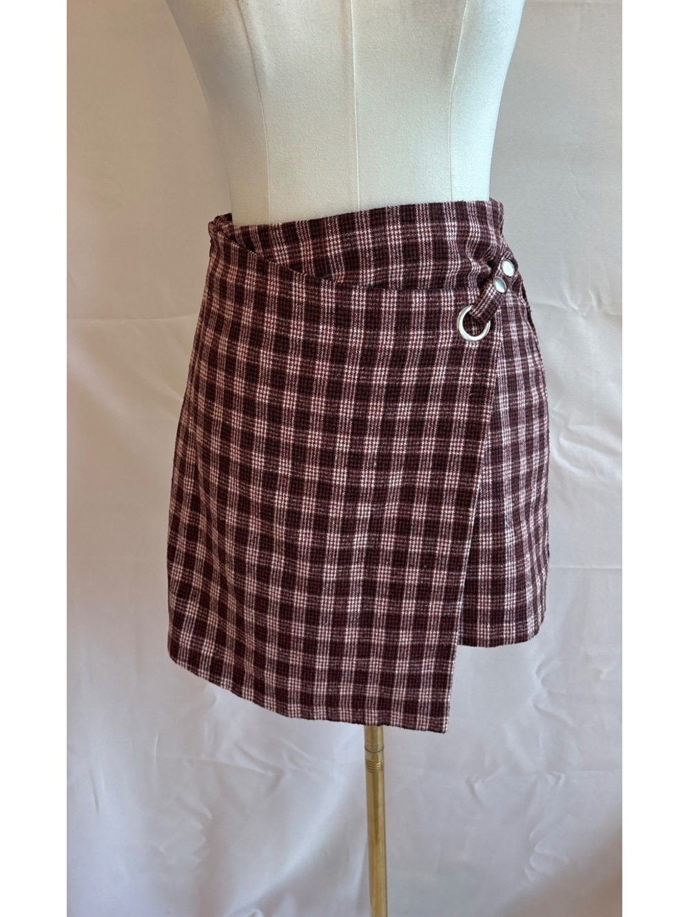 Burgundy and Pink Plaid Mini Wrap Skirt with Buckle Detail